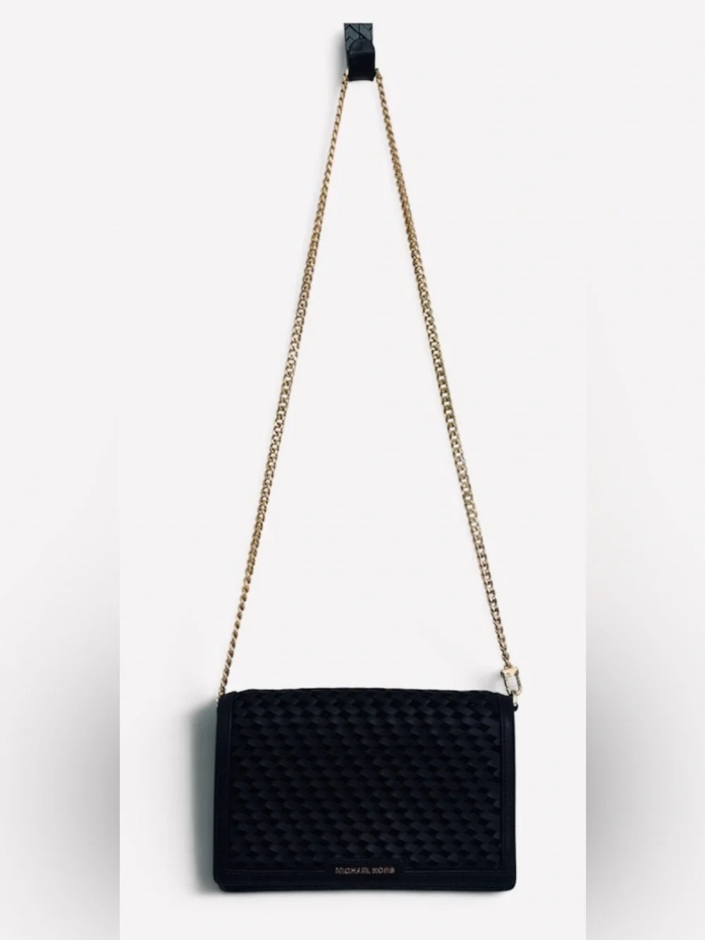 Michael Kors Jet Set Medium Black Woven Leather Crossbody with Gold Chain Strap